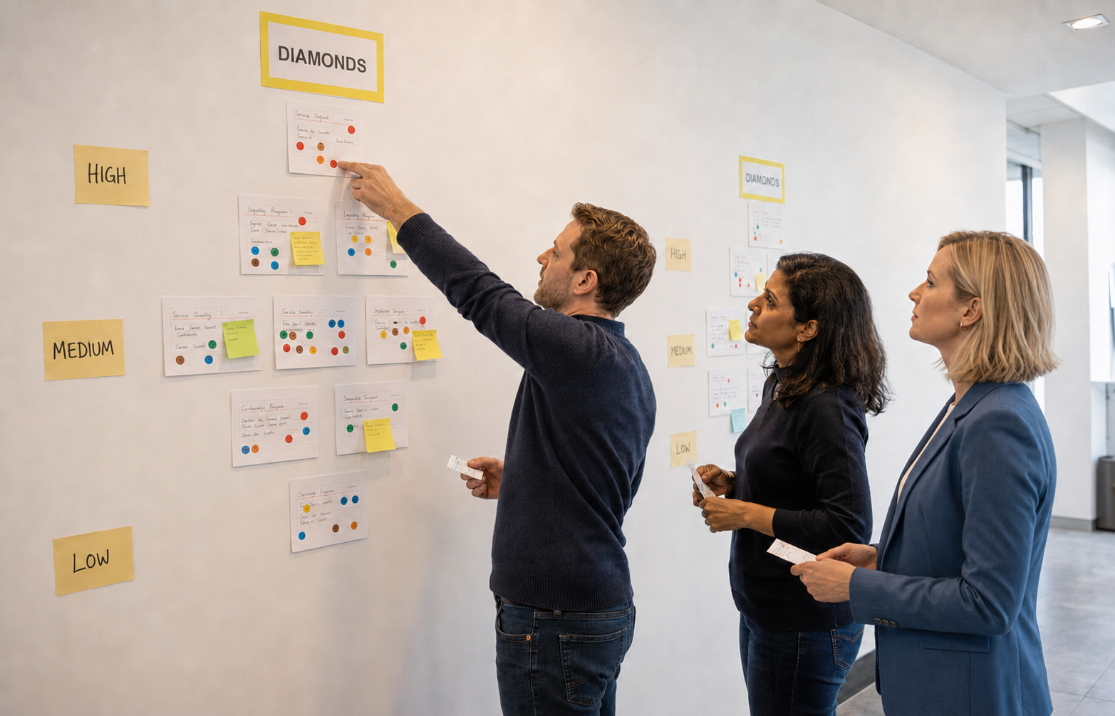 Illustration of participants using the Diamonds visual prioritisation grid to sort issues by importance and urgency.