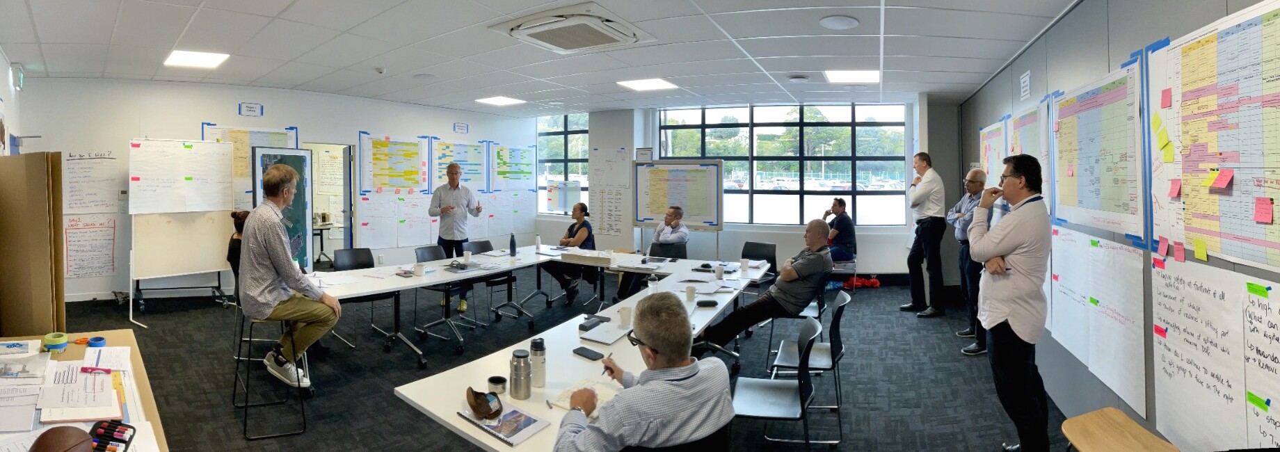 Facilitated leadership working session with participants surrounded by workshop material